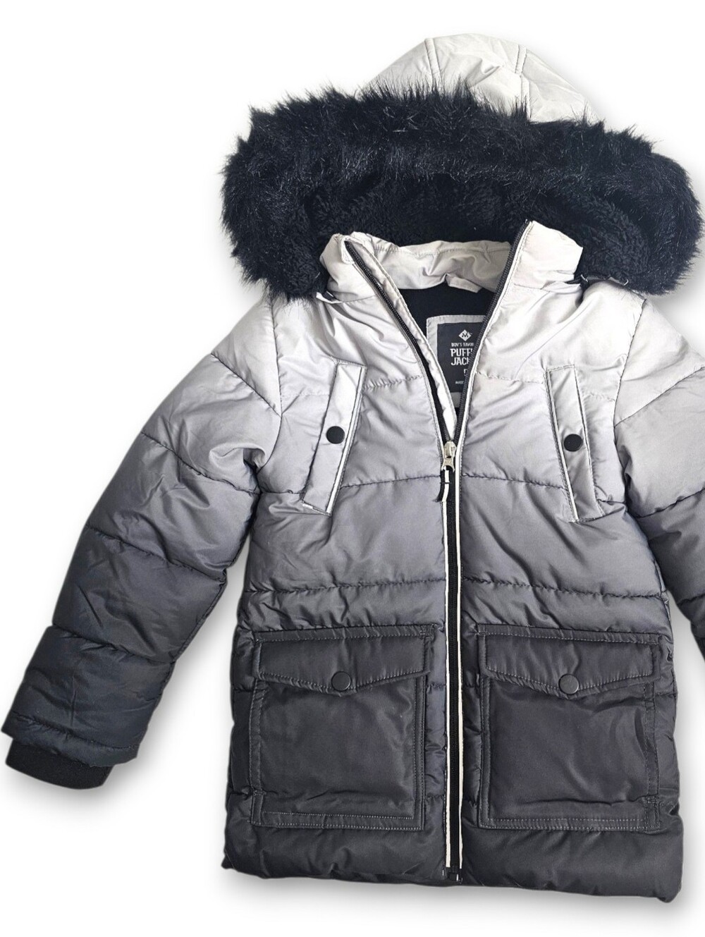 Kids Ombre Puffer Jacket with Faux Fur Hood - Gray